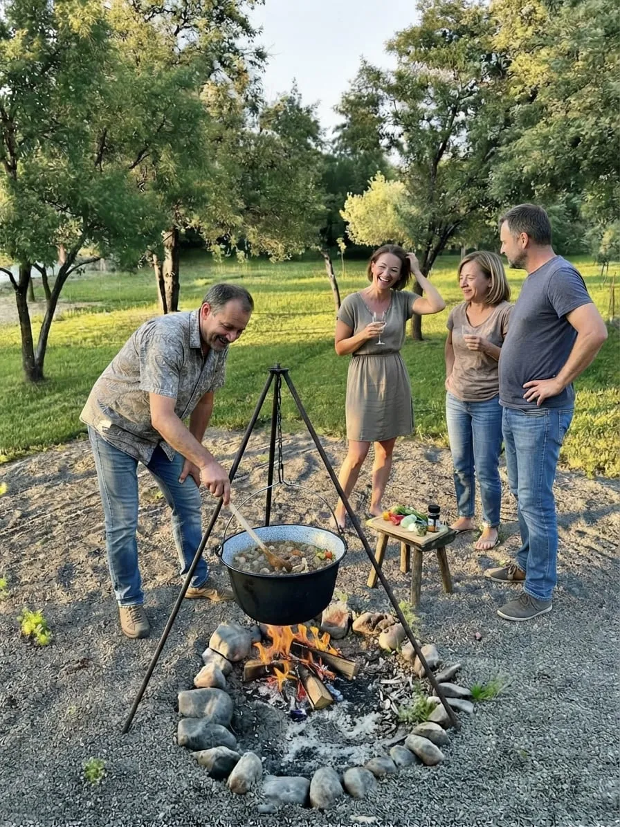 Curtea la o seară cu ceaun: un bărbat amestecă cu o lingură de lemn în ceaunul de pe pirostrii deasupra focului, iar trei oaspeți stau alături și râd, cu pahare de vin, între pomii din curte